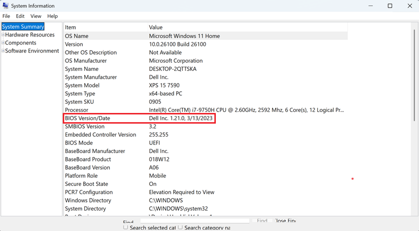 The screen of the Windows 11 system panel screen. BIOS version and date are highlighted.