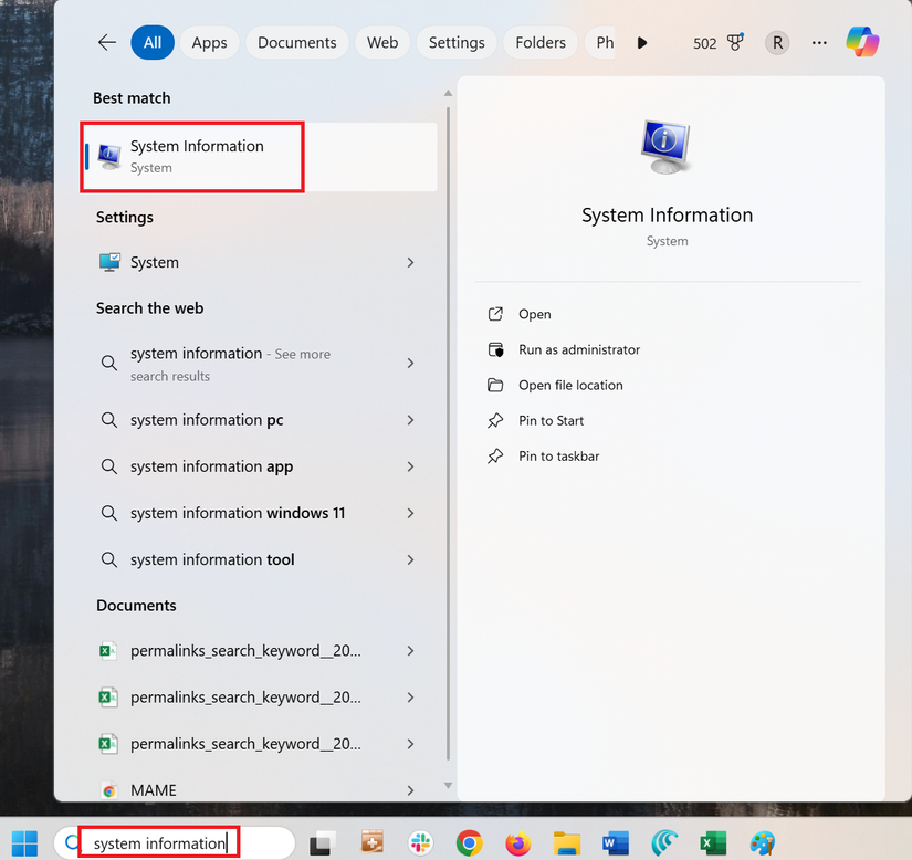 A screen picture in the Windows 11 menu, displaying the system of information information.