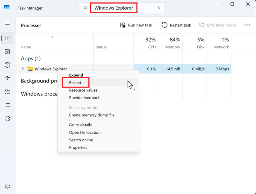 A screenshot of Windows task manager open to the process tab. Windows Explorer and menu item restart are highlighted.