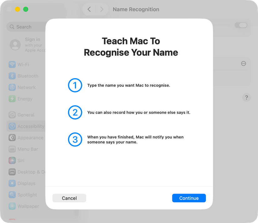MacOS 26 teaching to get to know your name.