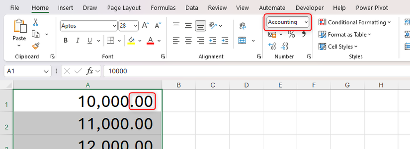O formato do número contábil é aplicado a algumas células que contêm números no Excel, e os valores também têm dois locais decimais.