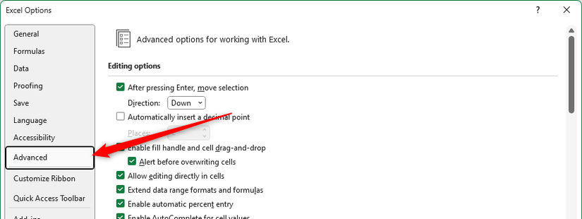 A guia avançada na janela Opções do Excel.