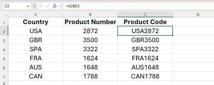 The ampersand symbol used in an Excel formula to concatenate a country code and product number to return a product code.