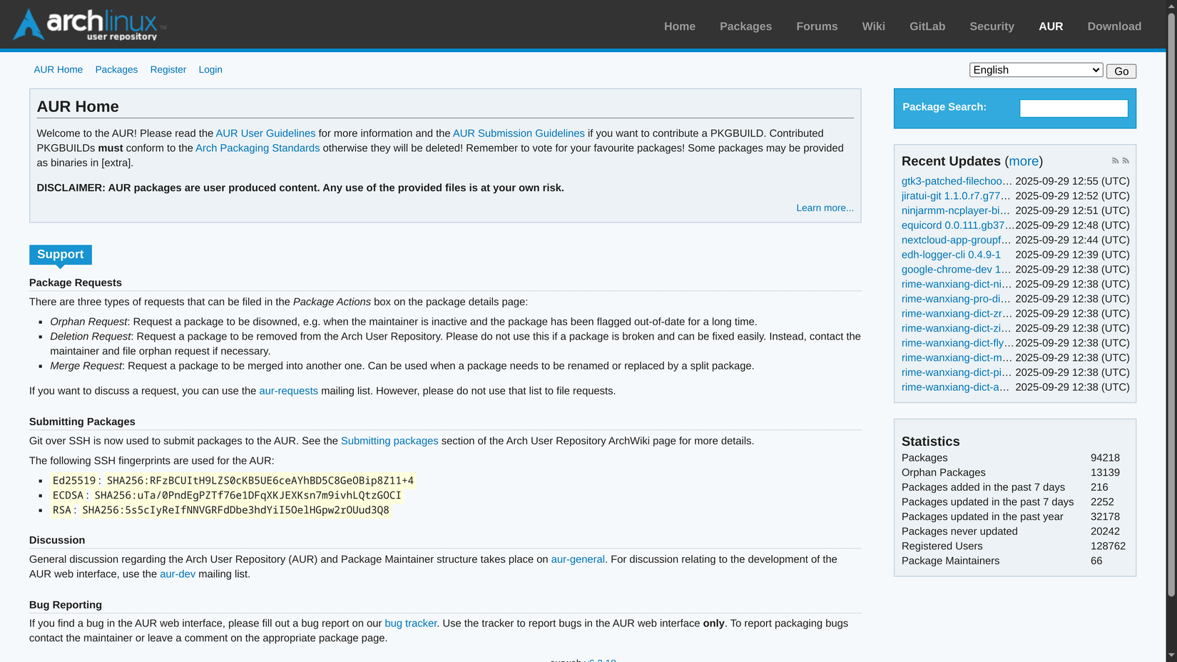 Главная страница пользовательского репозитория Arch (AUR)