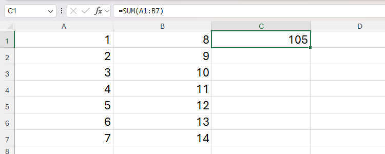 The colon used in a SUM formula in Excel to sum all the values in cells between and including A1 and B7.
