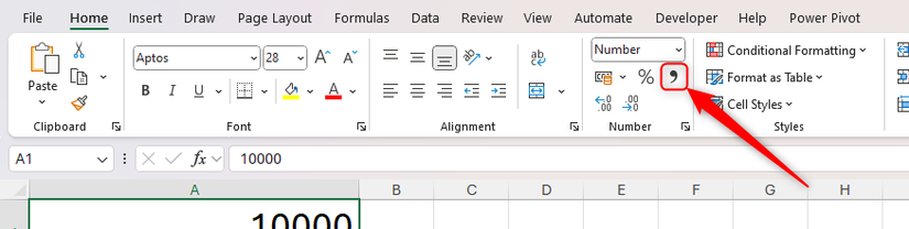 O ícone de vírgula no grupo numérico da guia Home na fita do Excel.