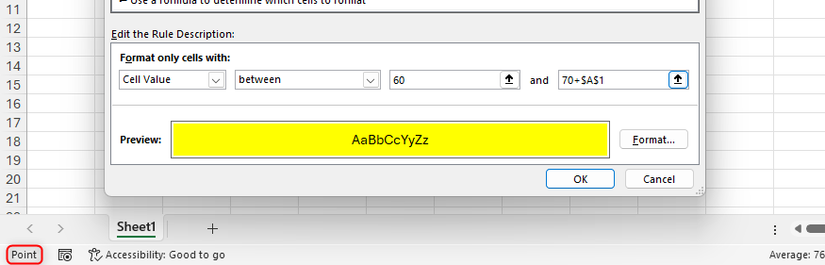A caixa de diálogo de formatação condicional no Excel é iniciada e o modo PONTE é ativado.