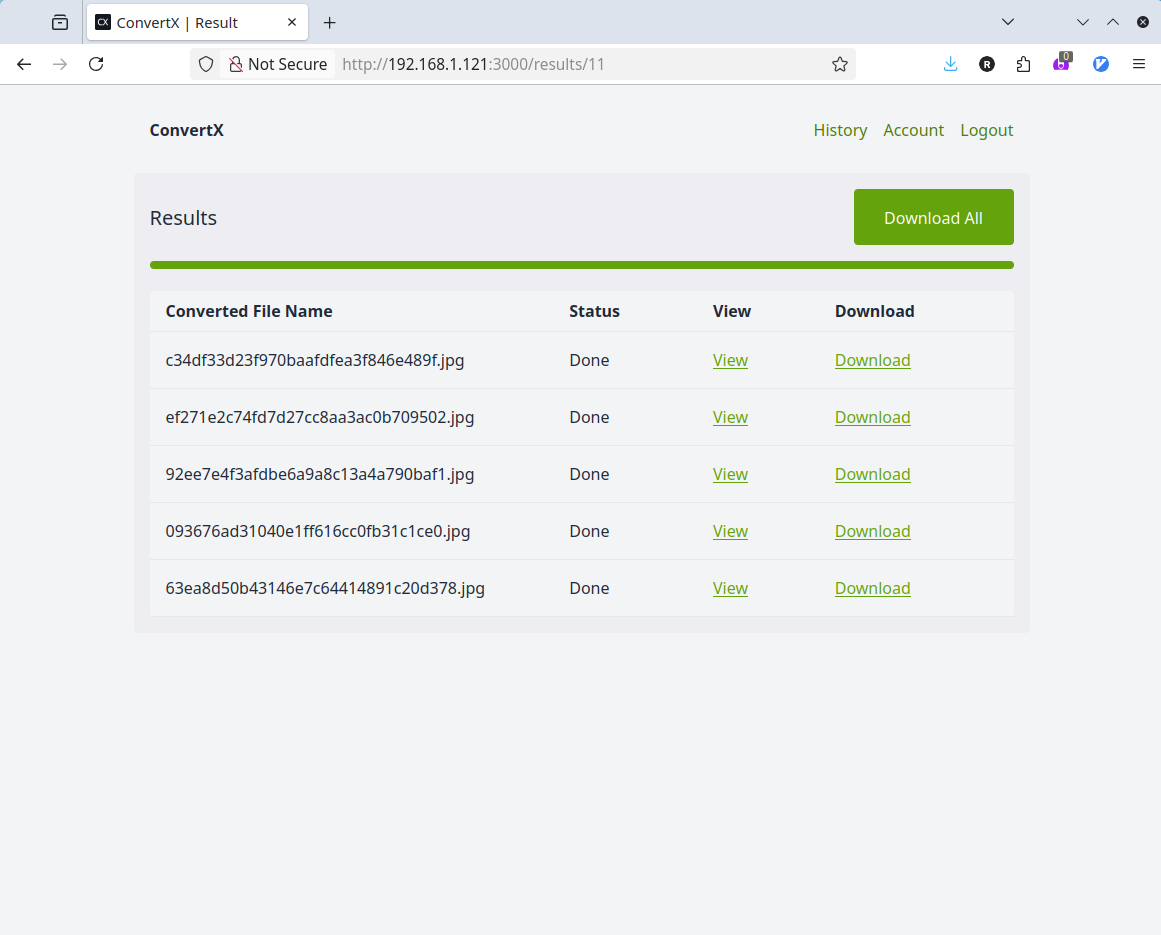 The ConvertX interface with five WebP files converted.