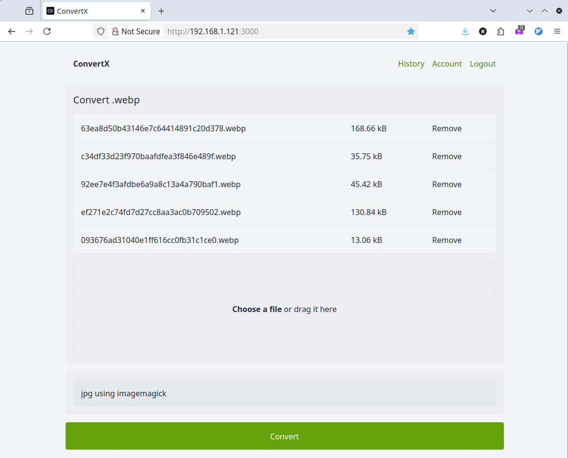 The ConvertX interface with five WebP files prepared for conversion.