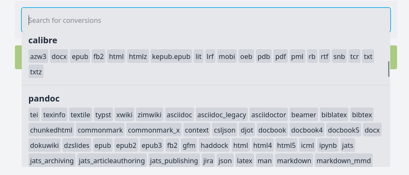 A interface Convertx com vários formatos listados para conversão.