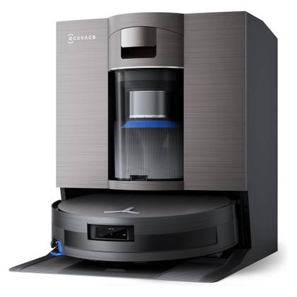 The Ecovacs Deebot X11 OmniCyclon robot vacuum parked in its base station on a white background.