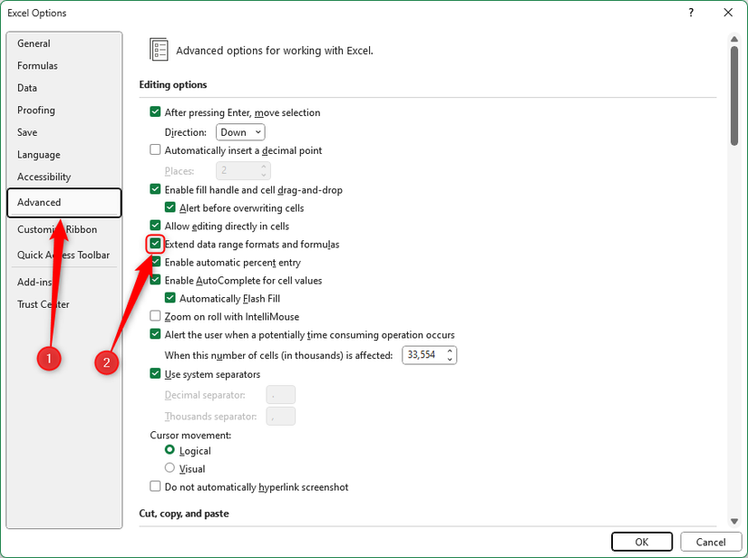 A janela Opções do Excel, com formatos de faixa de dados estendidos e fórmulas verificadas na seção avançada.