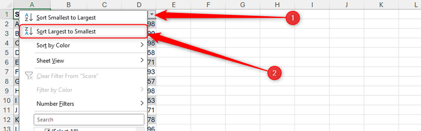 The filter button of an Excel table column is clicked, and Sort Largest To Smallest is selected.