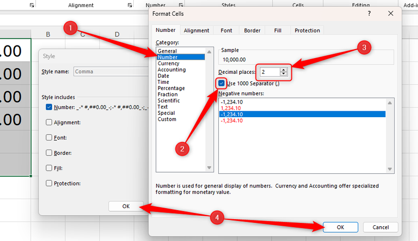The Format Cells dialog box in Excel, with the thousands separator checkbox checked, the decimal places area set to two, and the OK buttons highlighted.
