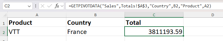 The France VTT sales total is extracted from a PivotTable using a dynamic GETPIVOTDATA formula in Excel.