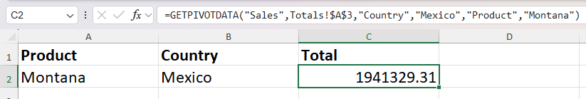 The GETPIVOTDATA function in Excel is used to return the montana sales total for Mexico.