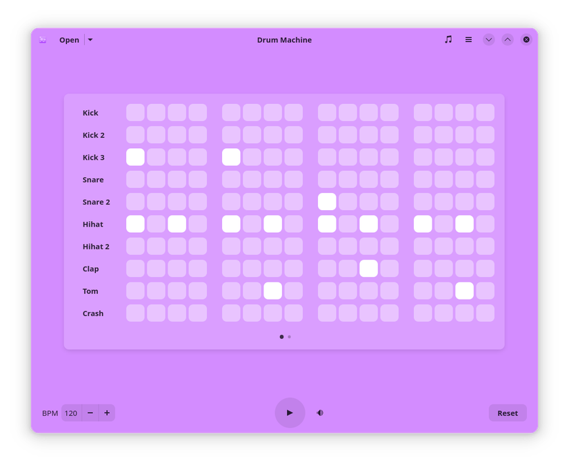 The GNOME Drum Machine app with several sounds selected for a sequence.