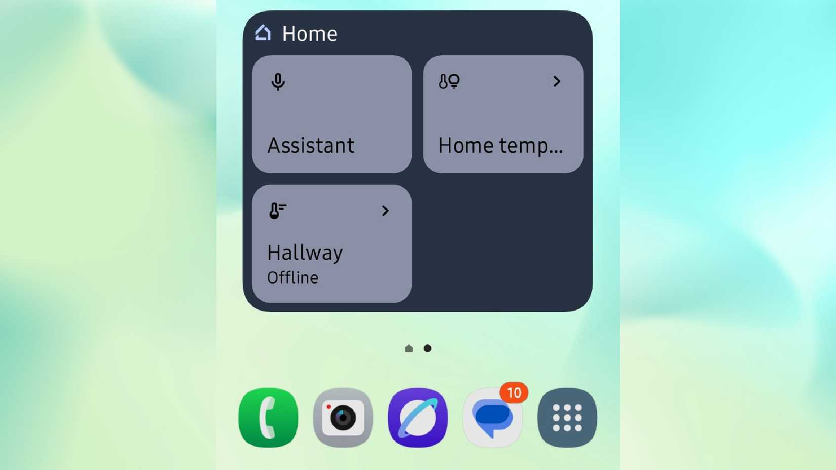 The Google Home widget showing the home assistant, hallway thermometer, and temperature adjustments that can be made on the home screen of a phone