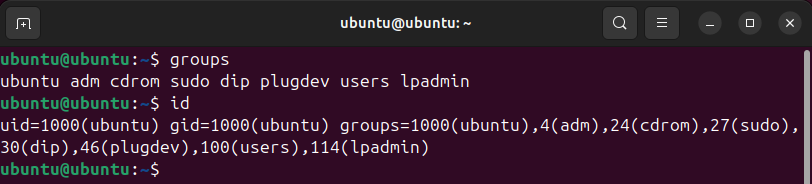 Команды groups и id для просмотра групп текущего пользователя в Linux.