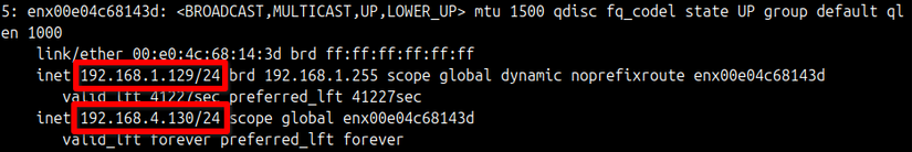 The Linux ip a command output showing two different IP addresses for the same network interface.