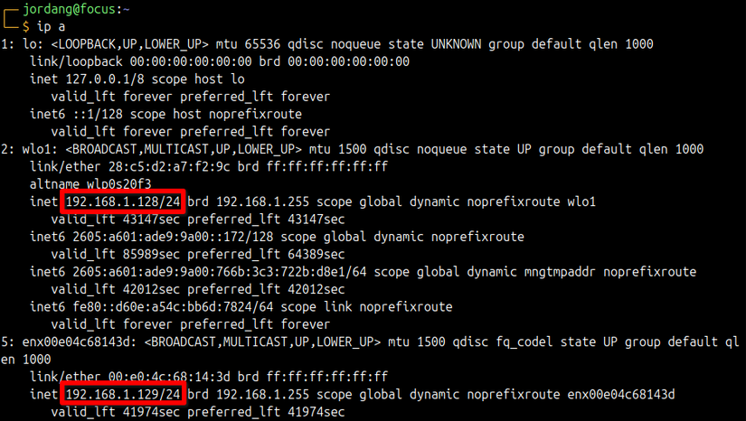 The Linux ip a command results with red boxes around the IP address for the wireless and wired interfaces.