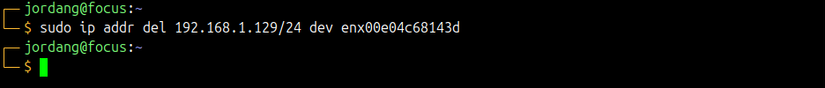The Linux ip command being used to delete an IP address for a wired interface.