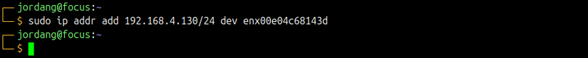 The Linux ip command being used to set a new IP address for a wired interface.