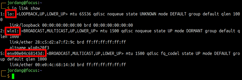 The Linux ip link show command results with red boxes around each interface name.