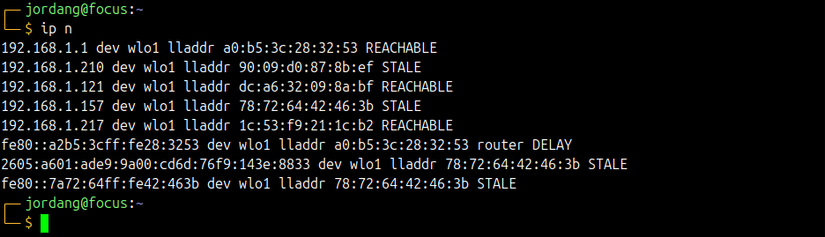 The Linux ip n command being used to view neighbor devices.