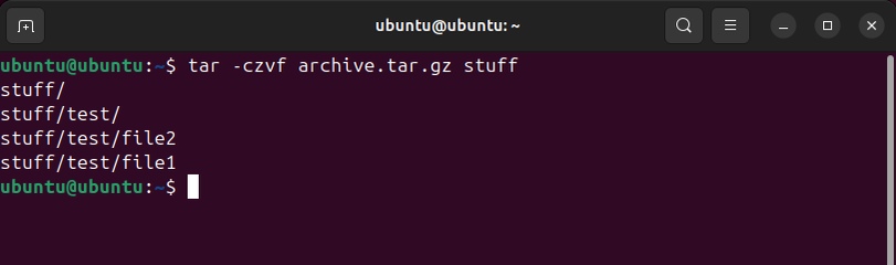 The Linux tar command being used to archive a directory and its contents.