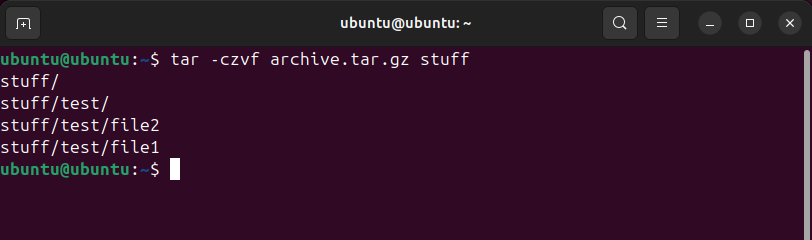The Linux tar command being used to archive a directory and its contents.