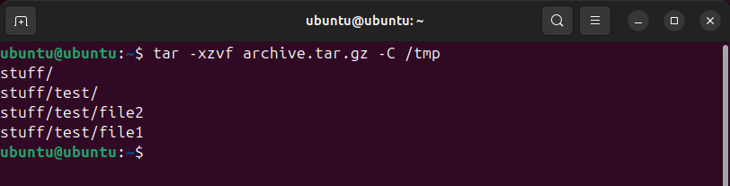 The Linux tar command being used to extract a tar file to the tmp folder.