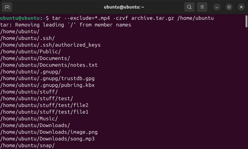 The Linux tar command being used with an exclude switch to avoid archiving MP4 files.