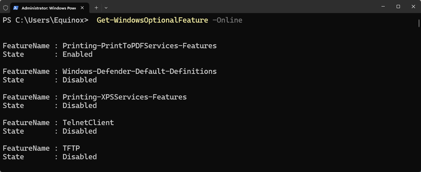 A lista de recursos que você pode ativar ou desativar