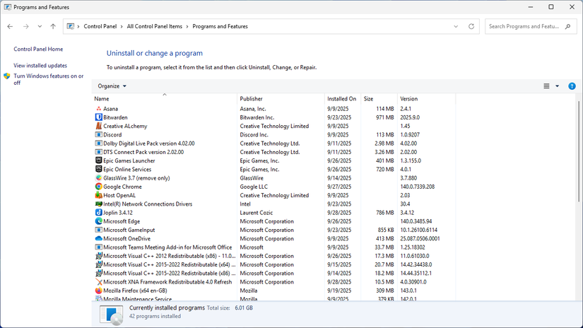 A lista de programas instalados e componentes opcionais no menu de programas e recursos legados.