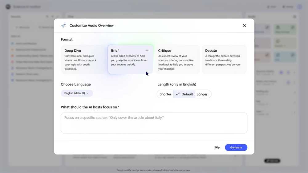 The many new audio options to choose from in Notebook LM, being deep dive brief critique and debate