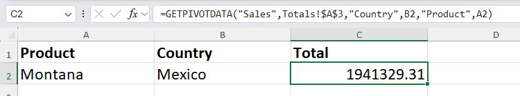 The Mexico montana sales total is extracted from a PivotTable using a dynamic GETPIVOTDATA formula in Excel.