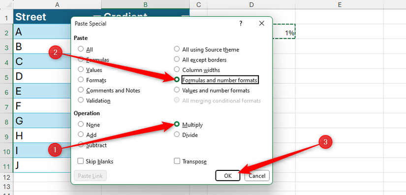 As opções de multiplicação e formatos de fórmulas e números são verificadas na caixa de diálogo especial da pasta do Excel.