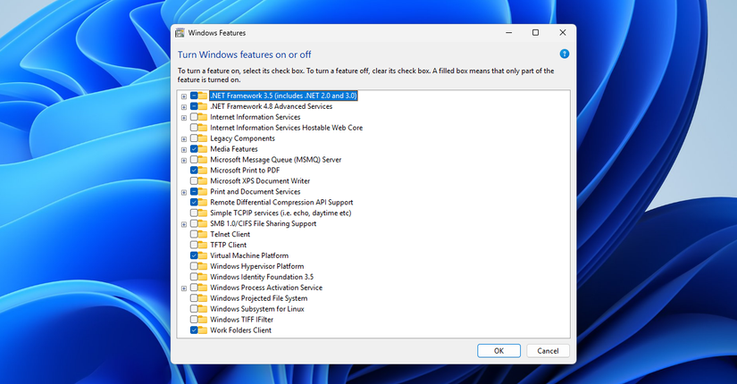 Os recursos opcionais do Windows.