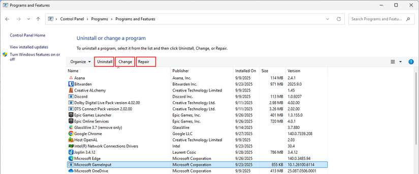 As opções ao selecionar um programa ou recurso no menu Adicionar e remover os programas.