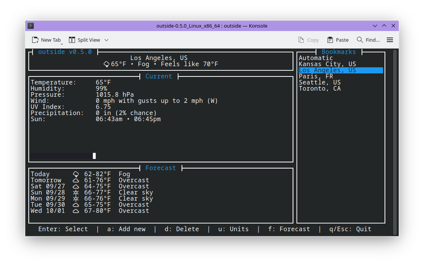 A utilidade externa mostrando previsões climáticas em um terminal Linux.