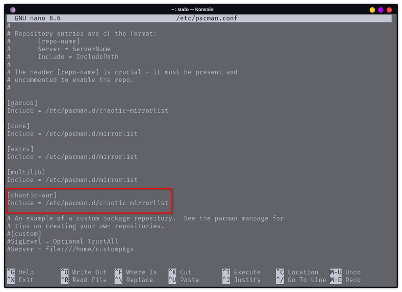 The Pacman.Conf file focusing on the Aur Chaotique line.