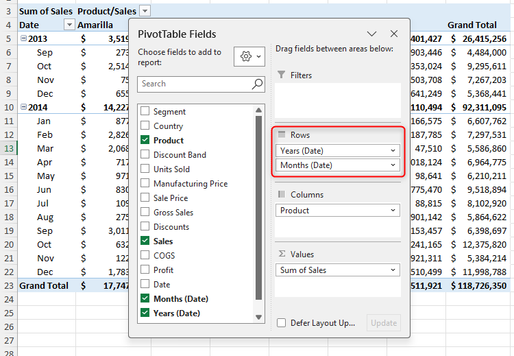 The PivotTable Fields pane in Excel, with Years and Months displayed as separate row fields.