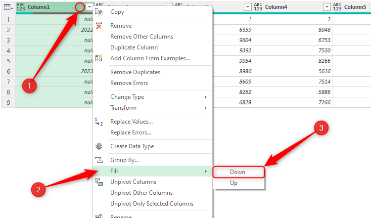 The right -clicking menu is expanded on top of the column in the EXCEL Energy Editor, and DowN is determined in the Fill menu.