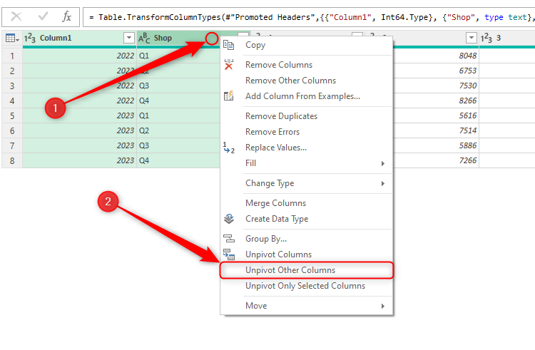 The right -clicking menu is expanded for the second specific column heads in the EXCEL power editor, and other unlimited columns are determined.