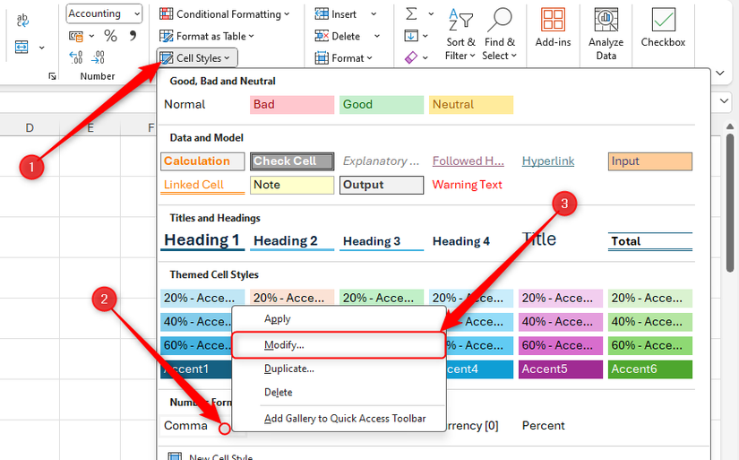 O menu de clique com o botão direito do mouse no estilo vírgula no Excel é expandido e o Modify é selecionado.