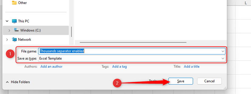 The Save As dialog box in Excel, with the file named 'Thousands separator enabled,' and 'Excel Template' selected as the file type.