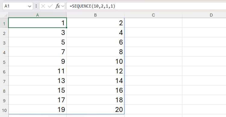 The SEQUENCE function in Excel used to create a ten-row, two-column sequence of numbers, starting at 1 and increasing by 1 each time.