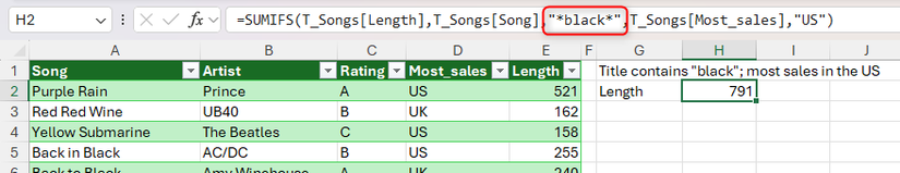 The SUMIFS function in Excel used with wildcards to return the sum of the length of songs containing the text string 'black.'