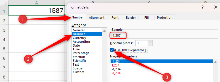 The Thousand Separator checkbox is checked in Excel's Format Cells dialog box.